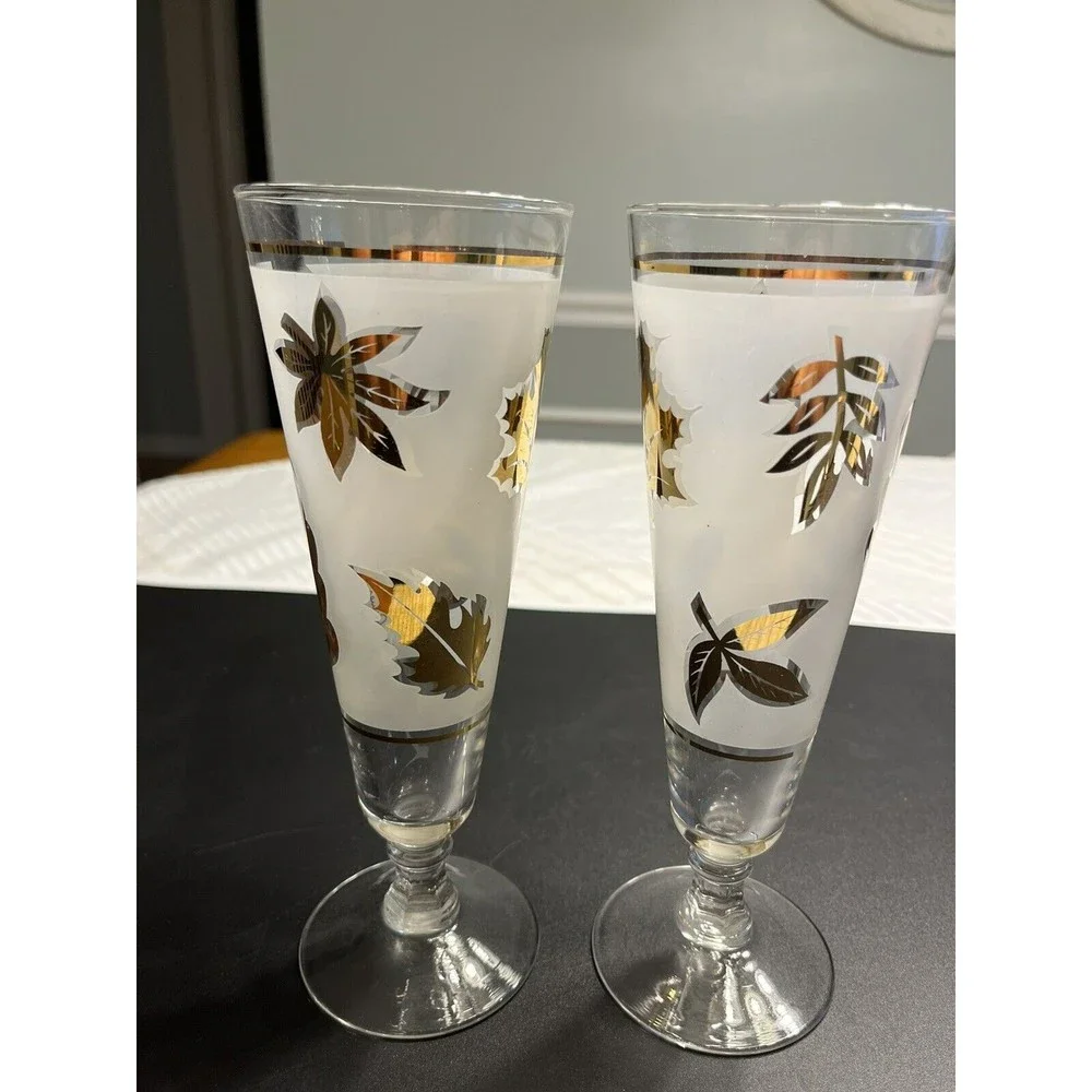 Pair of Vtg Frosted Gold Leaves Pilsner Stem Glasses Signed G Reeves